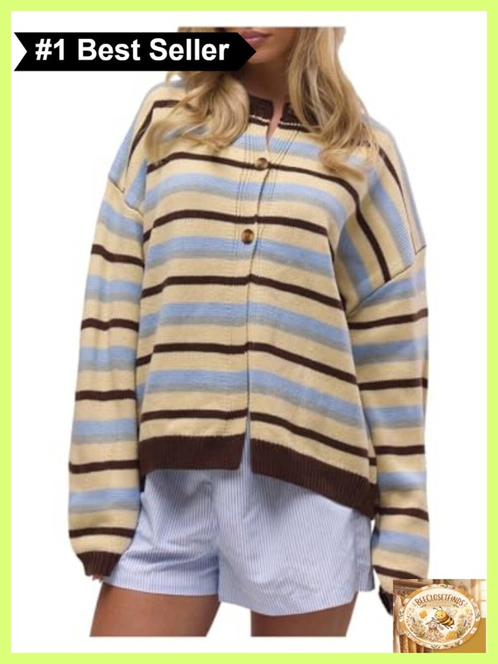 Oversized Striped Cardigan Sweater Button Front Loose Knit